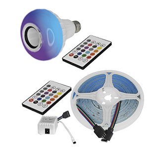 Kit Iluminação Fita LED RGB E Lâmpada Caixa Com Bluetooth