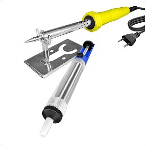 Kit Ferro de Solda Elétrico 100W 127v com Suporte + Sugador de Solda