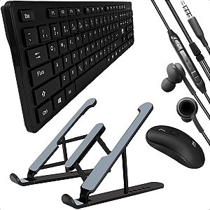 Teclado E Mouse Wireless Profissional Fone Com Fio Microfone E Suporte Dobrável Kit Computador