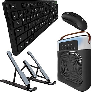 Teclado E Mouse Wireless Ergonômico E Suporte Dobrável Com Mini Climatizador Umidificador Bivolt Kit