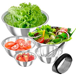 Kit Com 5 Tigelas Bowls Em Aço Inox e Amassador de Alho Aço