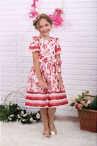 Vestido de festa infantil Petit Cherie floral off white vermelho
