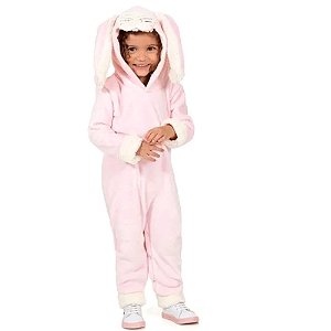 Macacão infantil inverno pijama de pelúcia coelha rosa
