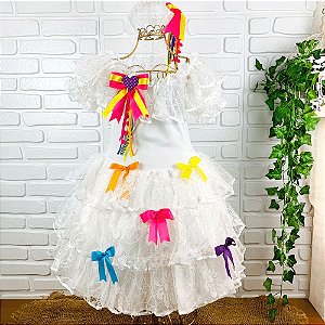 Vestido de noiva festa junina infantil lacinhos renda com tiara véu