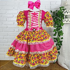 Vestido de festa junina infantil floral com poá  pink e amarelo