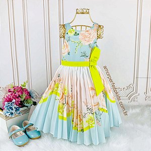 Vestido de festa infantil Petit Cherie plissado jardim encantado luxo azul e neon Tam 1