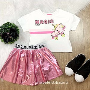 Conjunto infantil Momi blusa unicórnio saia cirrê rosa Tam 1