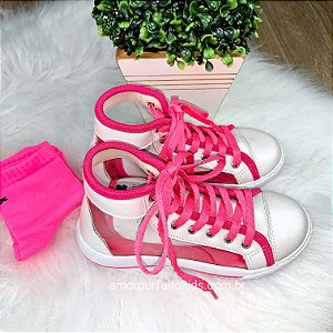 Tênis infantil Xuá Xuá transparente com meia branco e pink neon 21 ao 27