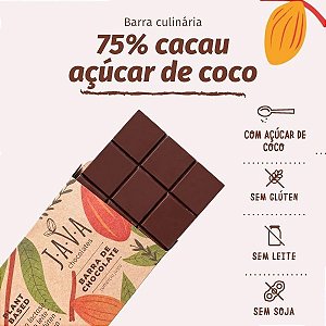 Barra de chocolate 75% cacau AÇUCAR DE COCO 1,0 kg . Zero glúten, leite, soja