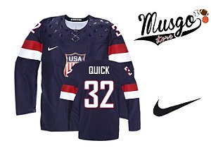 Camisa Nike Esporte Hockey no Gelo NHL SeleÃ§Ã£o Americana Jonathan Quick NÃºmero 32 Azul