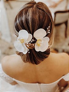 Presilha grampo  duo Orquideas de Silicone arranjo para cabelo de noiva casamento civil ou praia