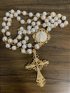 Terço  grande  para noiva Nossa Senhora das Graças  em camafeu e pérolas dourado