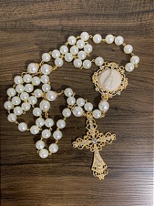 Terço noiva grande Nossa Senhora Aparecida em camafeu dourado
