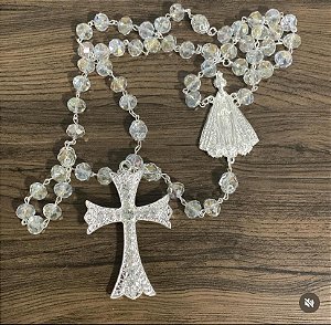 Terço para noiva de cristal Nossa Senhora Aparecida banho de prata
