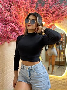 Cropped Canelado Manga Longa Preto