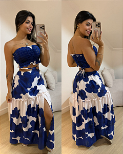 Conjunto Dandara Estampa Flor Azul escuro