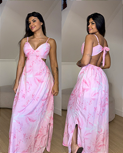 Vestido Elizandra Florido rosa e branco