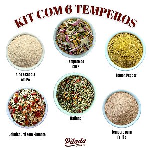 Kit Tempero p/ Feijão, Tempero do Chef, Tempero Italiano, Chimichurri, Lemon Pepper,  Alho e Cebola em Pó