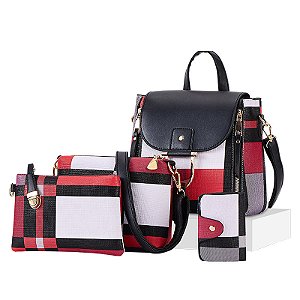 Conjunto de bolsa de couro PU para mulheres, grande capacidade, mochila xadrez