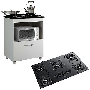 KIT BALCÃO COOKTOP KAIKI SALVIA COM 1 PORTA BRANCO E FOGÃO COOKTOP 5 BOCAS ESSENCIAL ITATIAIA