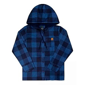 Camisa Infantil Flanelada Xadrez Azul Escuro com Capuz