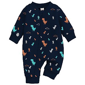 Macacão Bebê Suedine Azul-Marinho Dinossauro