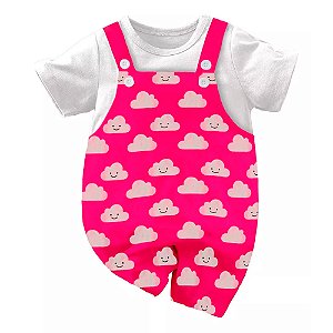 Conjunto Jardineira Menina Nuvens Rosa e Branco
