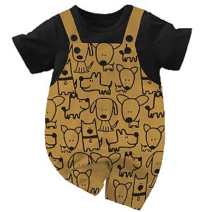 Conjunto Jardineira Menino Cachorrinho Caramelo e Preto