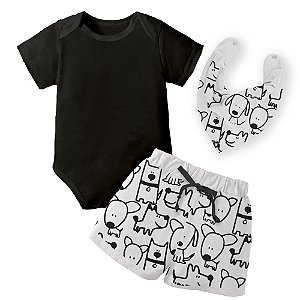 Conjunto de Bebê Menino Preto e Branco Cachorrinhos 3 Peças