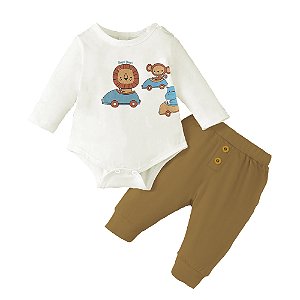 Conjunto Menino Bebê Body Estampado e Calça 100% Algodão