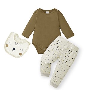 Conjunto Bebê 3 peças Body Calça Babador Ursinho Marrom