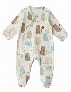 Macacão Bebê Suedine 100% Algodão com Zíper Invisível Meow - Antialérgico, Macacão Infantil Recém-Nascido Confortável Estampado