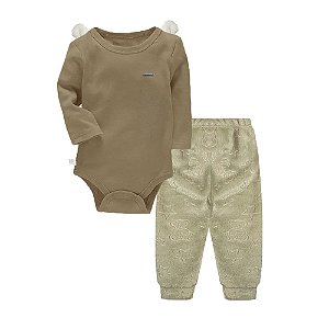 Conjunto Bebê Calça E Body Cotton Infantil C/ Orelhinhas Marrom