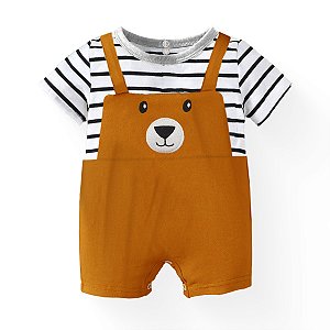 Macacão Jardineira Curta Ocre Bebê Ursinho Fofo
