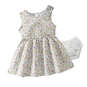 Vestido Infantil Bebê Menina Flores Lacinho e Calcinha