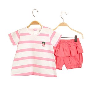 Conjunto Bebê Menina Camiseta Listrada e Shorts Moranguinho