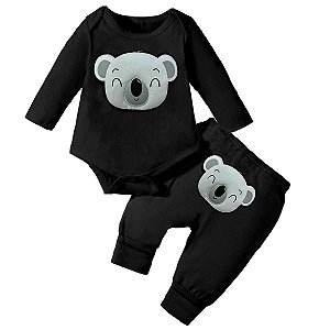 Conjunto Bebê Menino Body e Calça Preto Aplique Coala