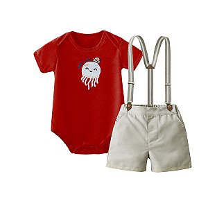 Conjunto Bebê Menino Body Polvo e Shorts com Suspensório