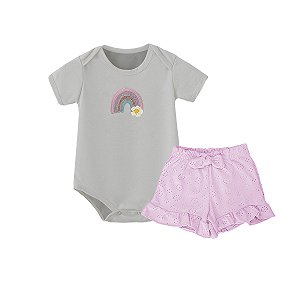 Conjunto Bebê Menina Body Arco Íris e Shorts em Laise