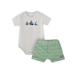 Conjunto Bebê Menino Body Barquinhos Pescador e Shorts Listrado