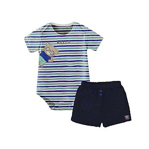 Conjunto Bebê Menino Body Listrado Ursinhos e Shorts com Botões