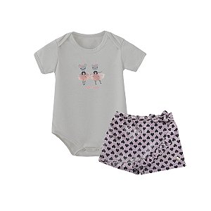 Conjunto Bebê Menina Body Cinza Bailarinas e Shorts Saia com Laço