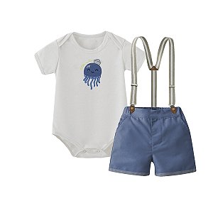 Conjunto Bebê Menino Body Polvo e Shorts com Suspensório Azul
