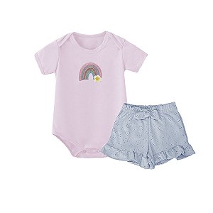 Conjunto Bebê Menina Body Arco Íris e Shorts em Laise Rosa