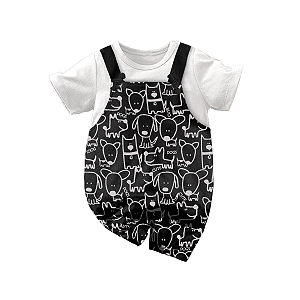Conjunto Bebê Jardineira Menino Cachorrinho Preto e Branco