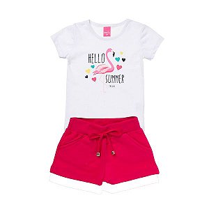 Conjunto Menina T-Shirt Branca Flamingo e Shorts