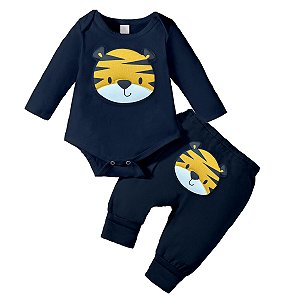 Conjunto Bebê Menino Body e Calça Azul Escuro Aplique Tigre