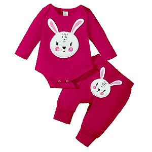 Conjunto Bebê Menina Body e Calça Rosa Aplique Coelhinha