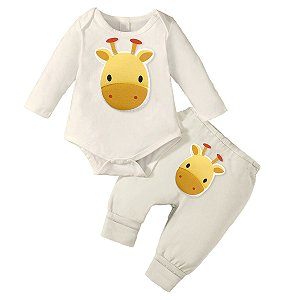 Conjunto Bebê Menina Body e Calça Creme Aplique Girafa