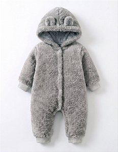 Macacão Bebê Teddy Peluciado com Capuz Cinza
